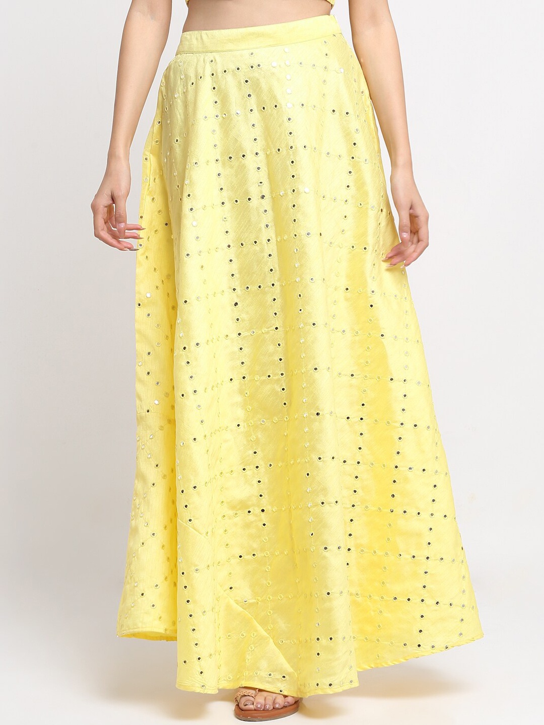 

NEUDIS Women Yellow Mirror Work Maxi Flared Skirts