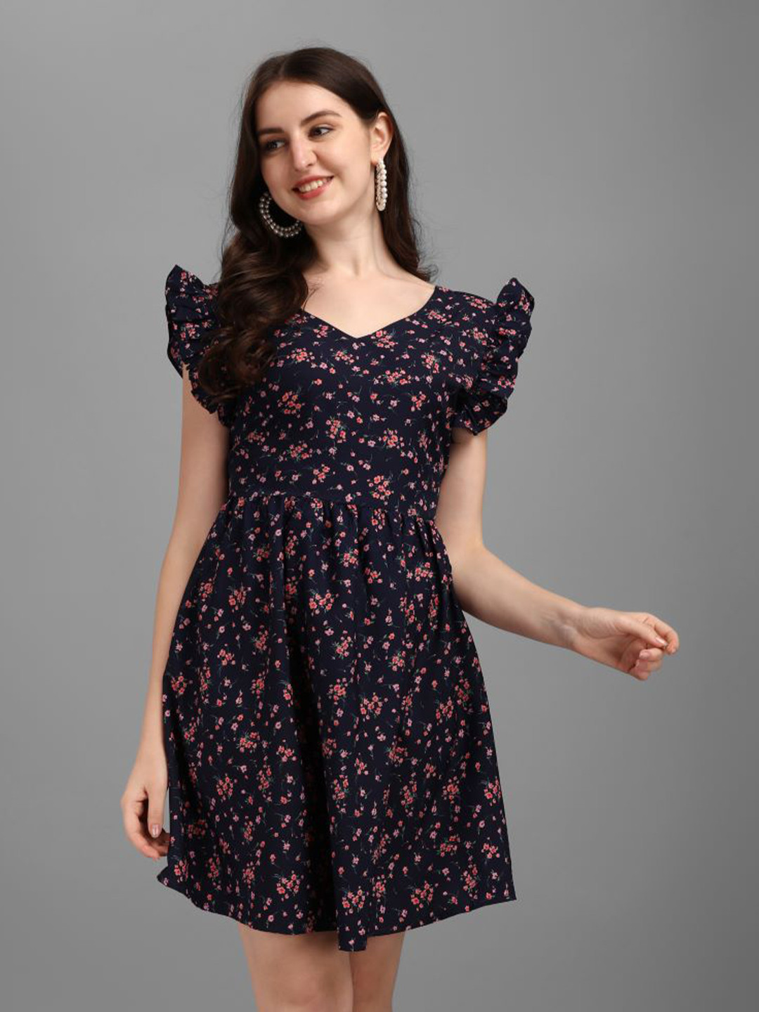 

GUFRINA Navy Blue Floral Crepe Dress
