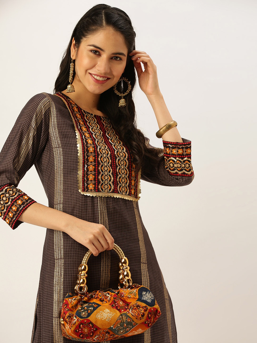 

SHOWOFF Women Brown Embroidered Kurta with Trousers