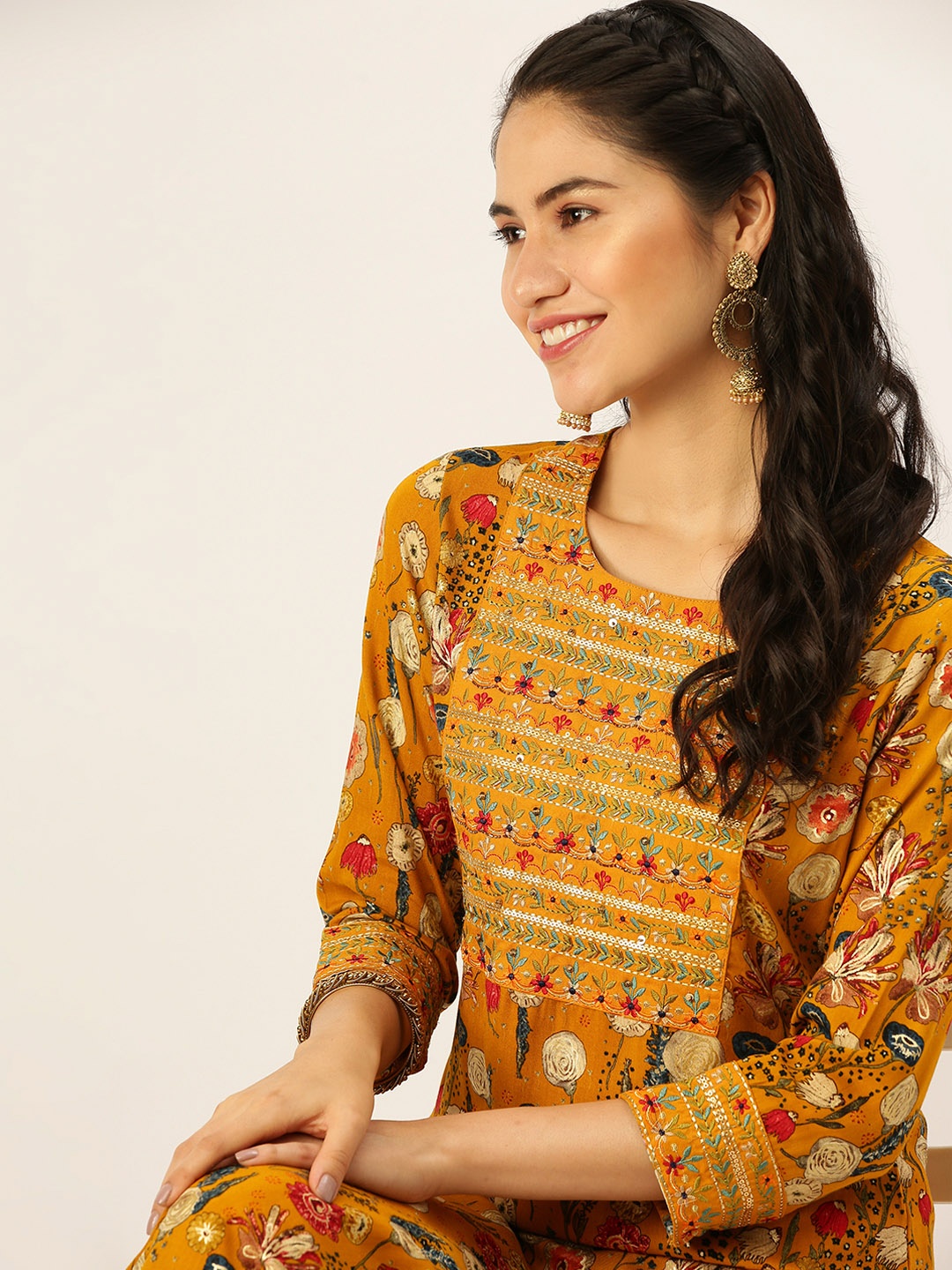 SHOWOFF Women Mustard Yellow Floral Printed Thread Work Kurta with Palazzos
