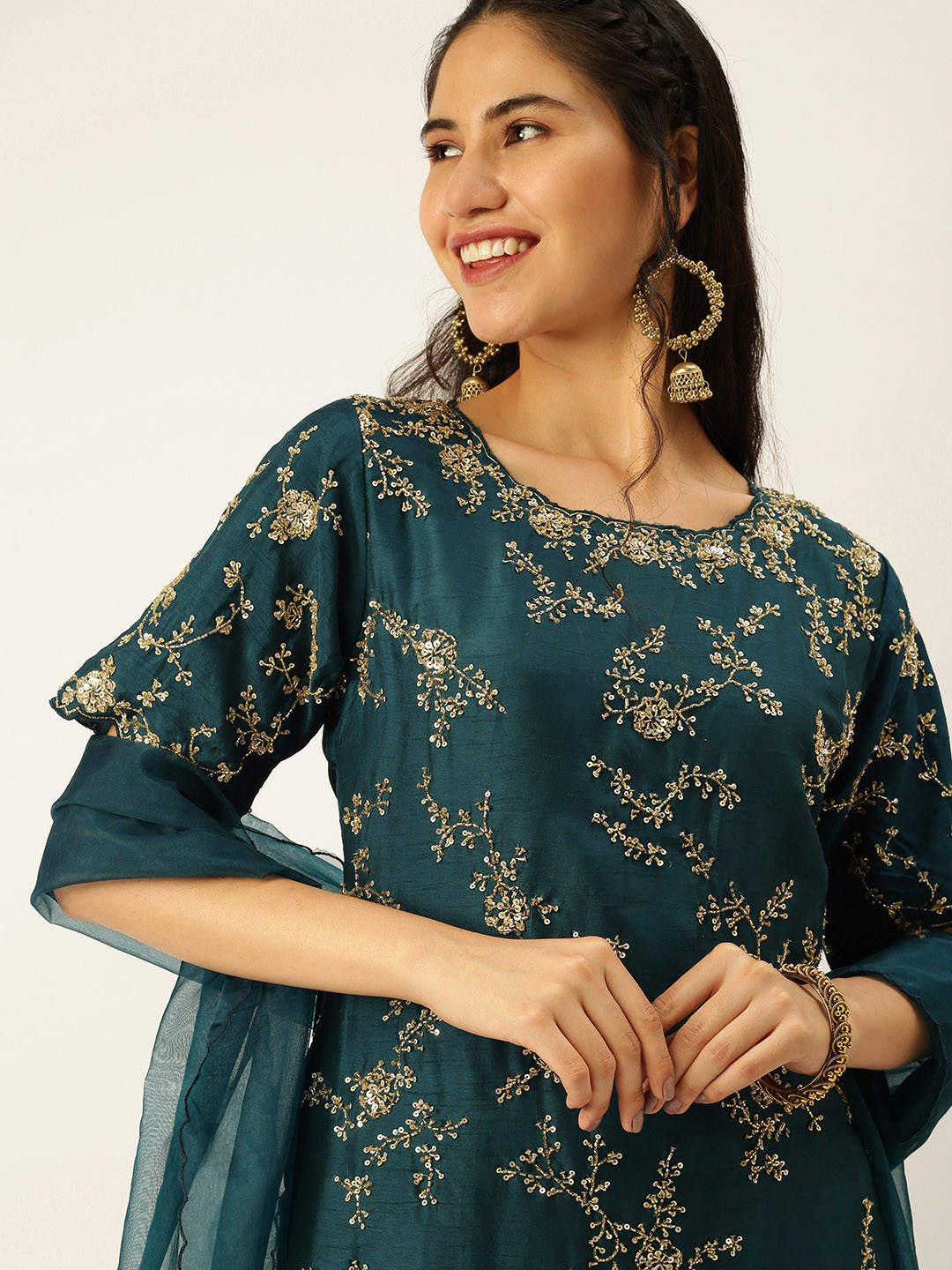 

SHOWOFF Women Teal Floral Embroidered Angrakha Thread Work Kurta With Palazzos & Dupatta