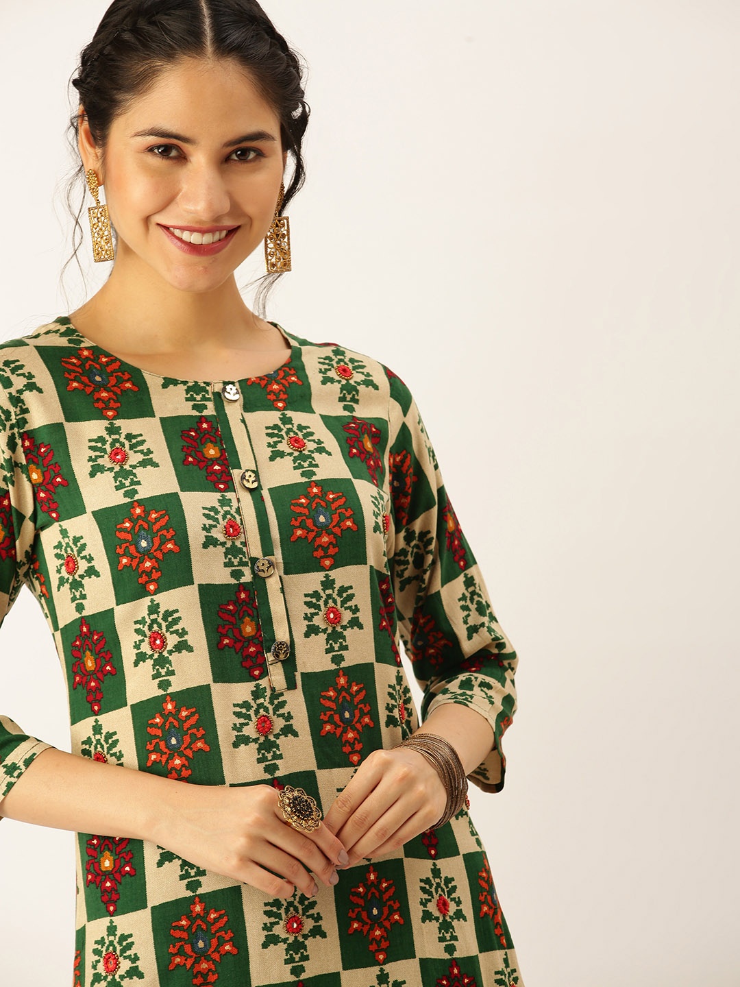 

SHOWOFF Women Green Ethnic Motifs Printed Kurta with Palazzos