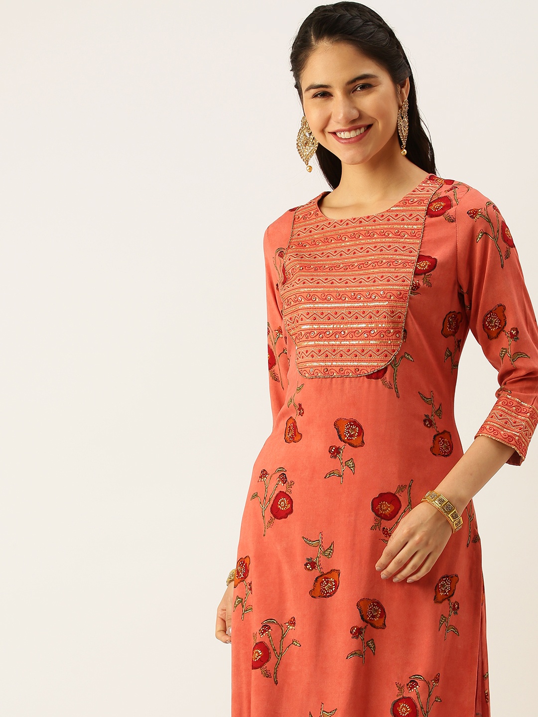 

SHOWOFF Women Rust Floral Printed Sequined Kurta with Palazzo