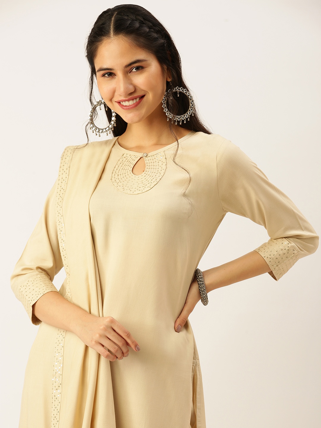 

SHOWOFF Women Beige Sequinned Kurta with Trousers