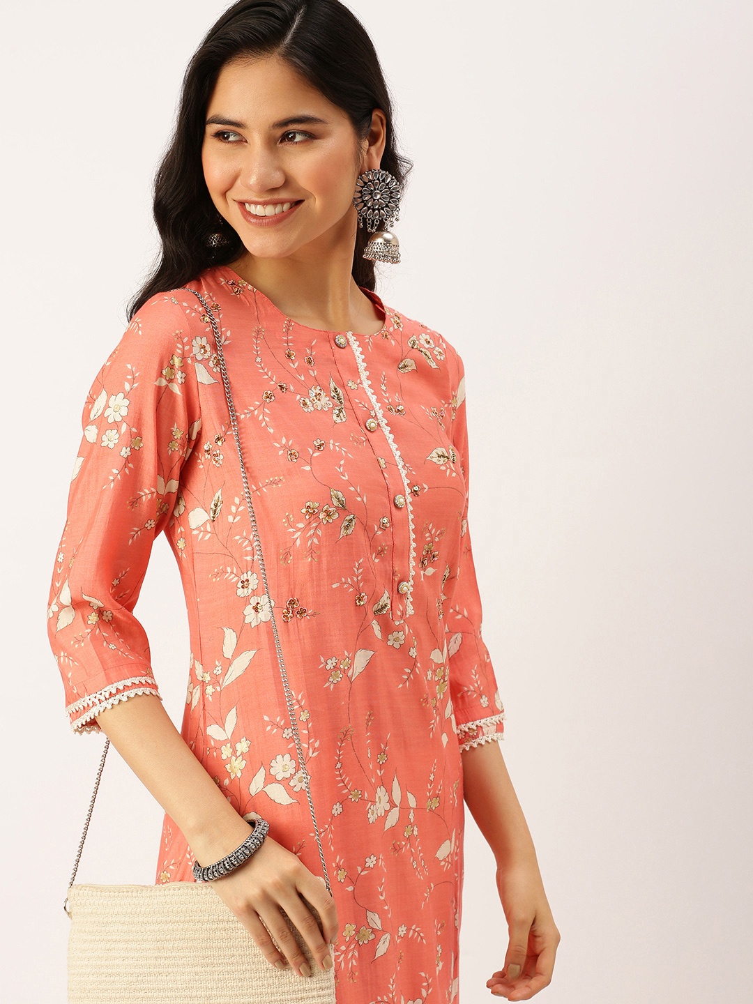 

SHOWOFF Women Orange Floral Printed Beads and Stones Kurta with Palazzos