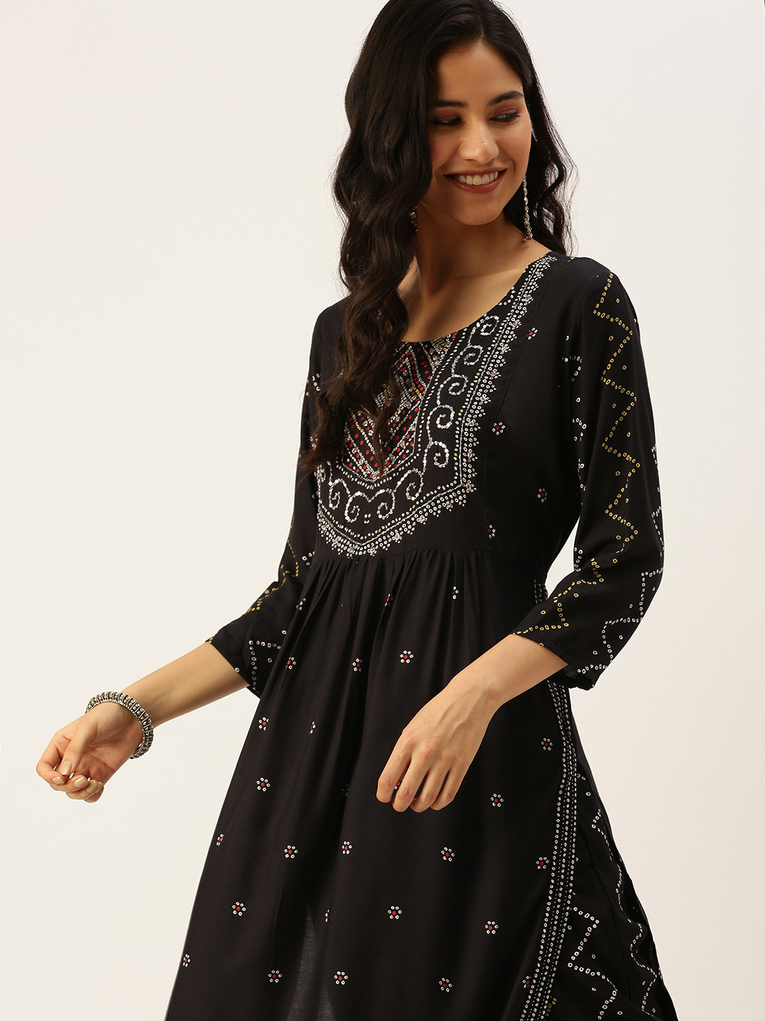 

SHOWOFF Women Navy Blue Ethnic Motifs Embroidered Sequinned Kurta with Trousers