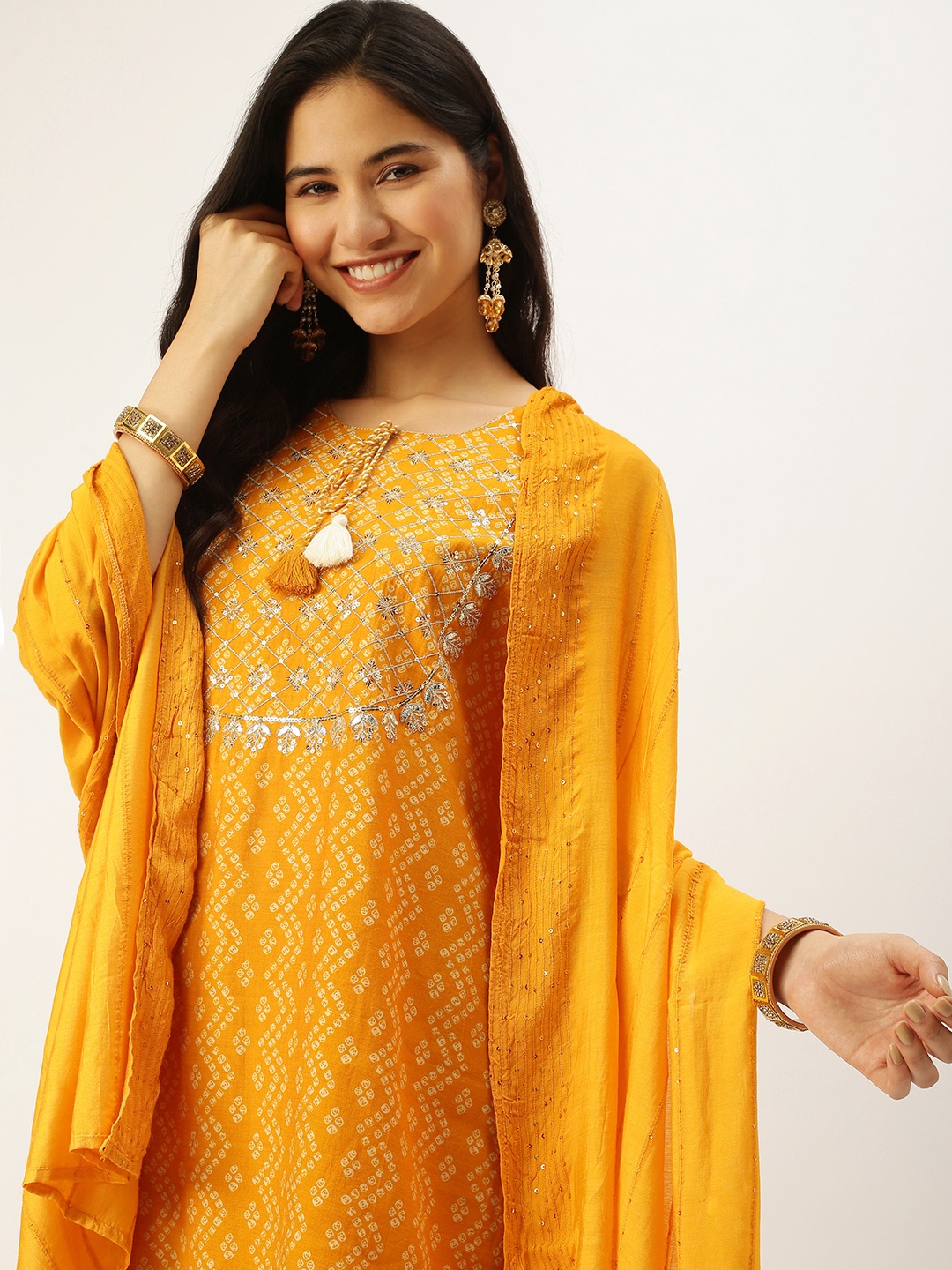 

SHOWOFF Women Mustard Yellow Sequinned Kurta with Trousers & With Dupatta