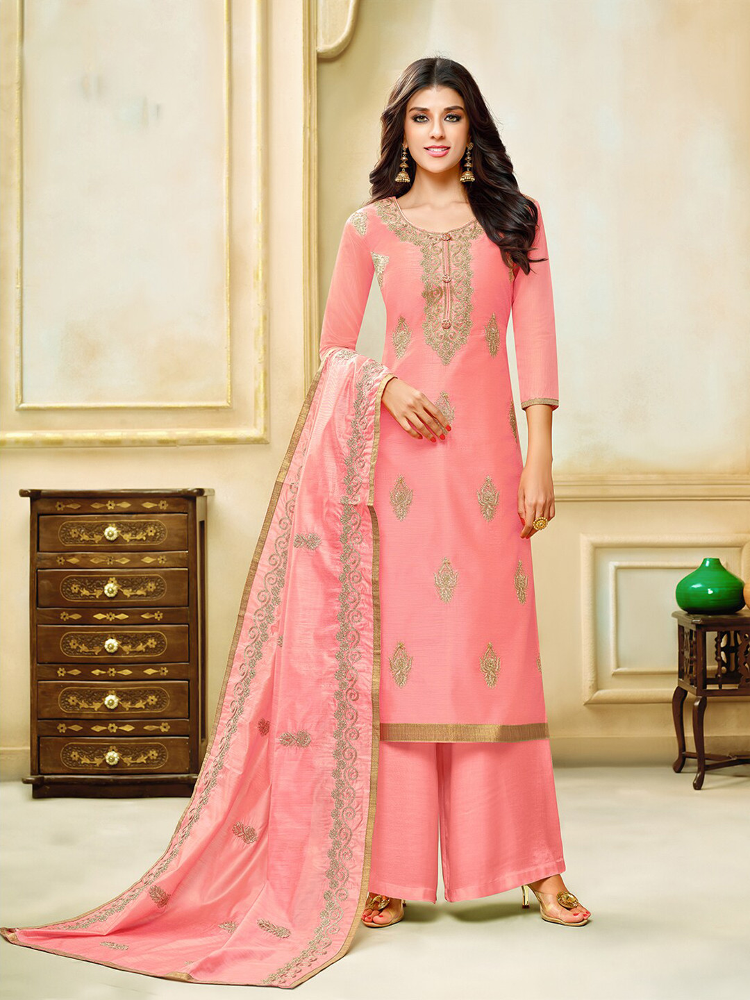 

mf Peach-Coloured & Gold-Toned Embroidered Unstitched Dress Material