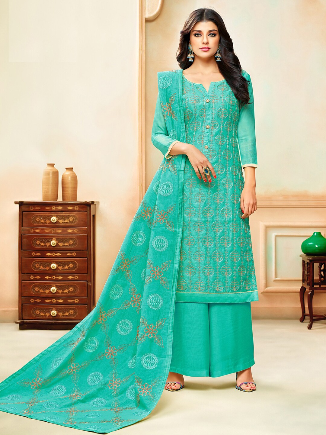 

Mf Turquoise Blue & Gold-Toned Embroidered Unstitched Dress Material