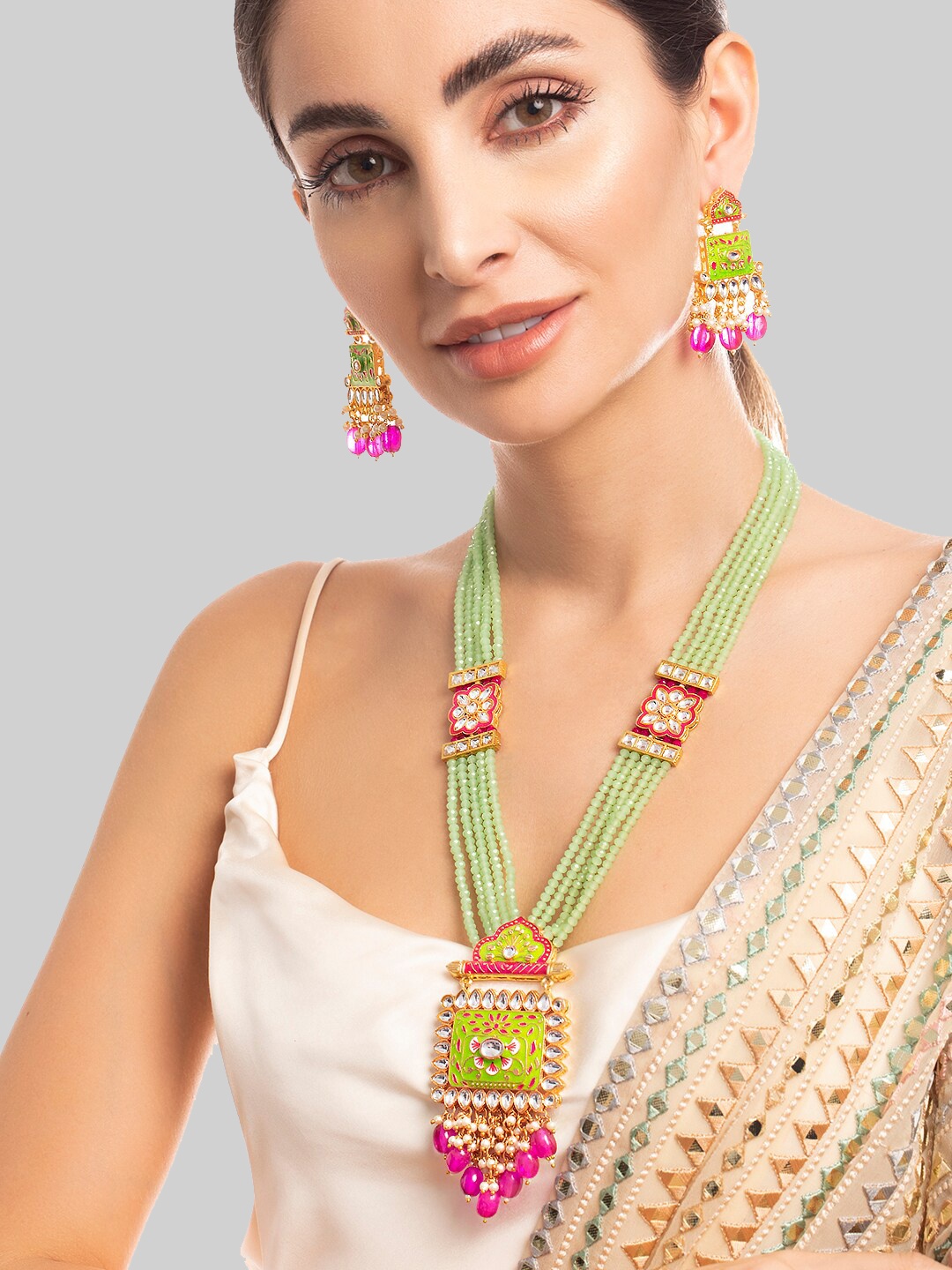 

Rubans Women Gold-Plated Green & Pink Beaded Jewelry Set