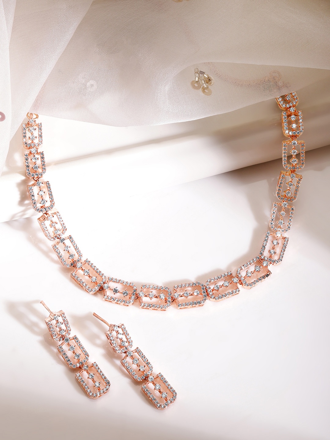 

Rubans Rose Gold-Plated White AD Studded Jewellery Set