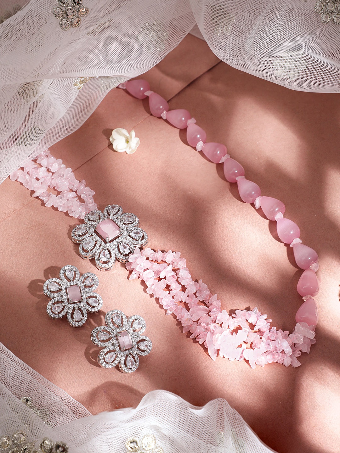 

Rubans Silver Plated Pink Beads & AD Studded Jewellery Set