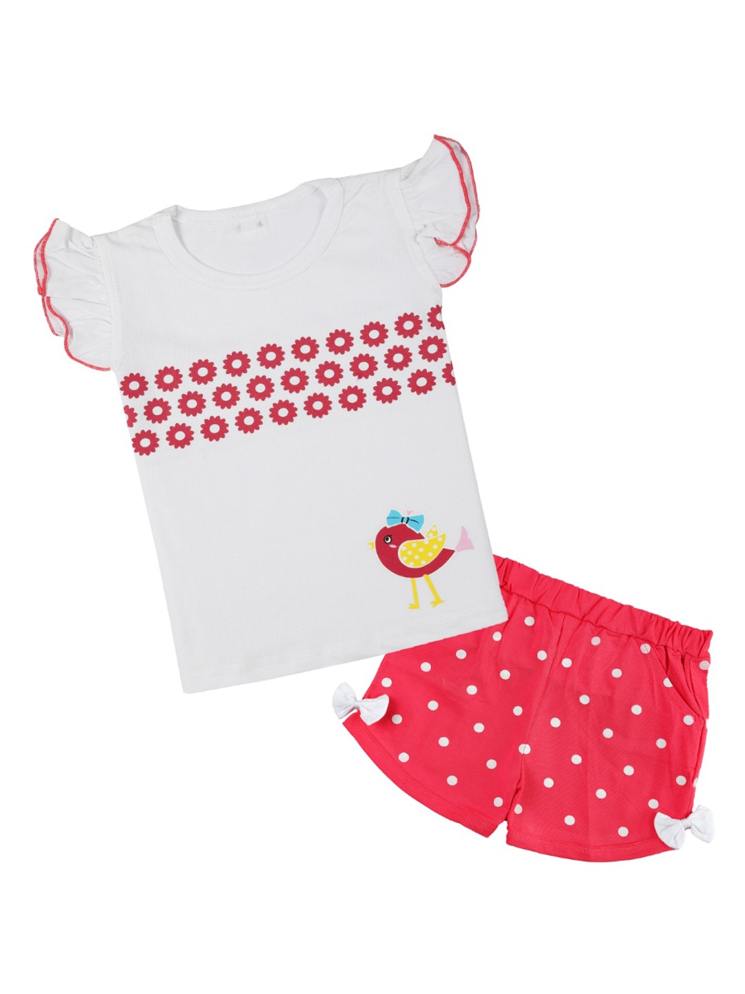 

CATCUB Girls White & Red Printed Pure Cotton Top with Shorts