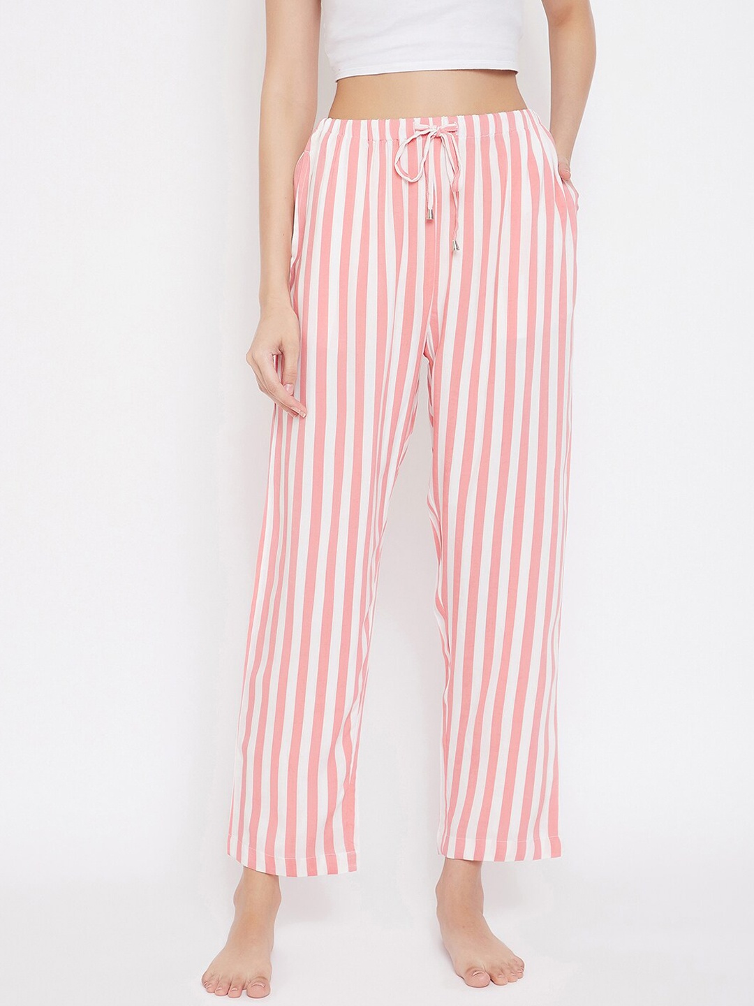 

Hypernation Women Pink & White Striped Lounge Pants