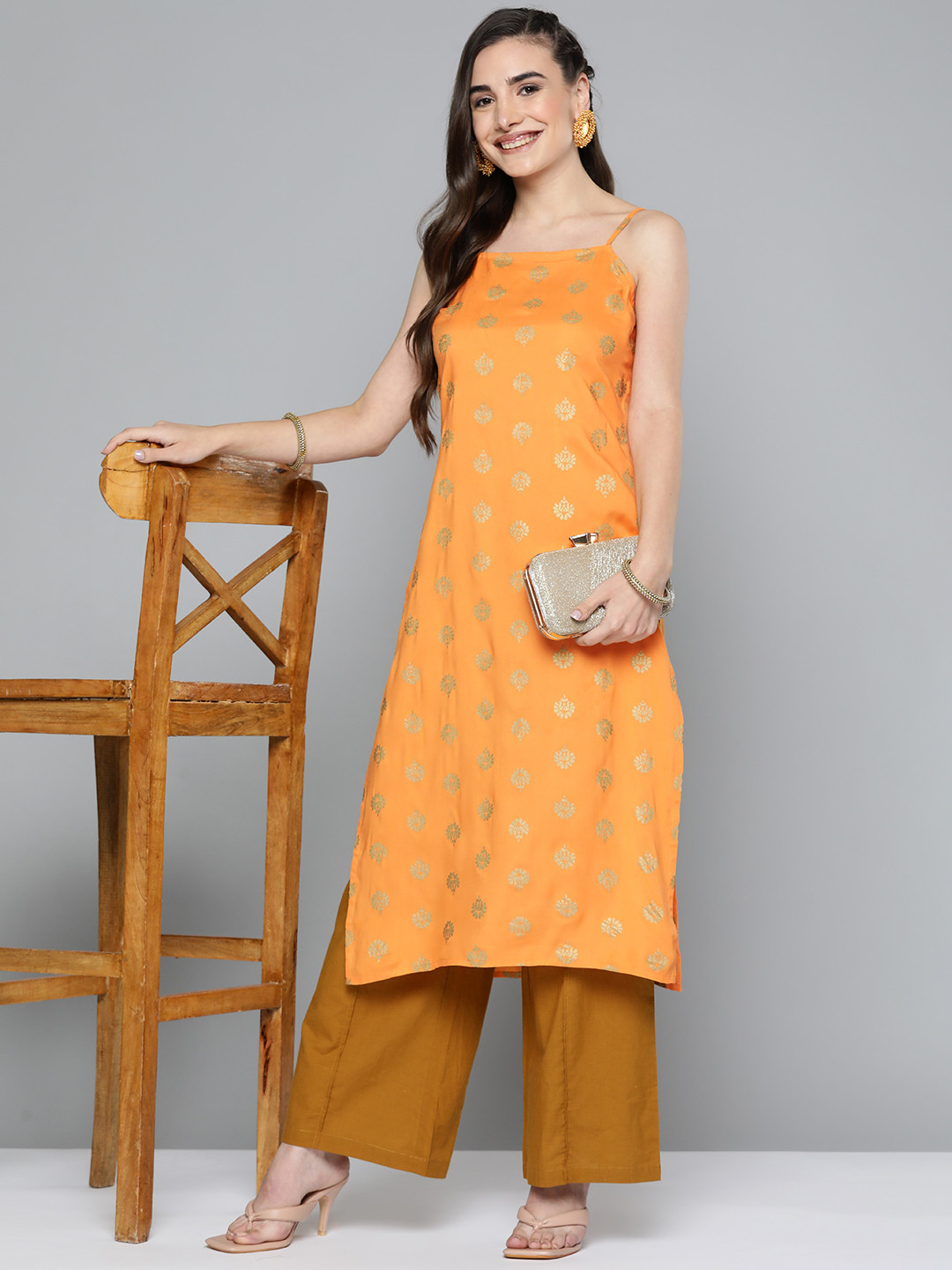 

HERE&NOW Women Mustard Yellow & Golden Ethnic Motifs Printed Kurta