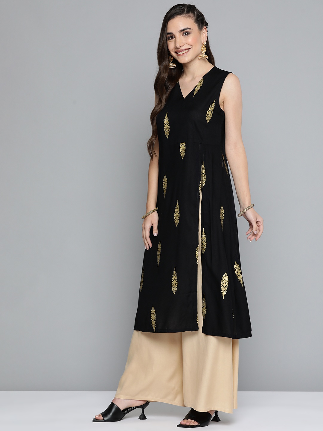 

HERE&NOW Women Black Ethnic Motifs Printed Angrakha Kurta with Palazzos