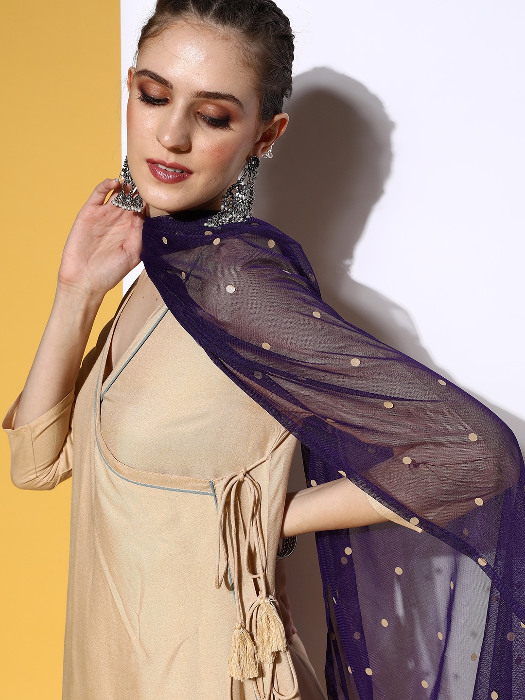 

HERE&NOW Women Solid Viscose Rayon Fluid Tie-Up Kurta Set, Beige
