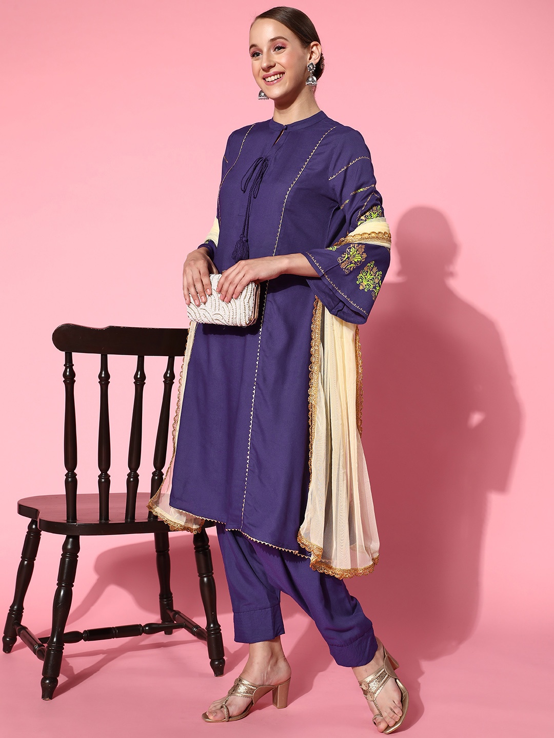 

HERE&NOW Women Solid Viscose Rayon Fluid Tie-Up Kurta Set, Purple