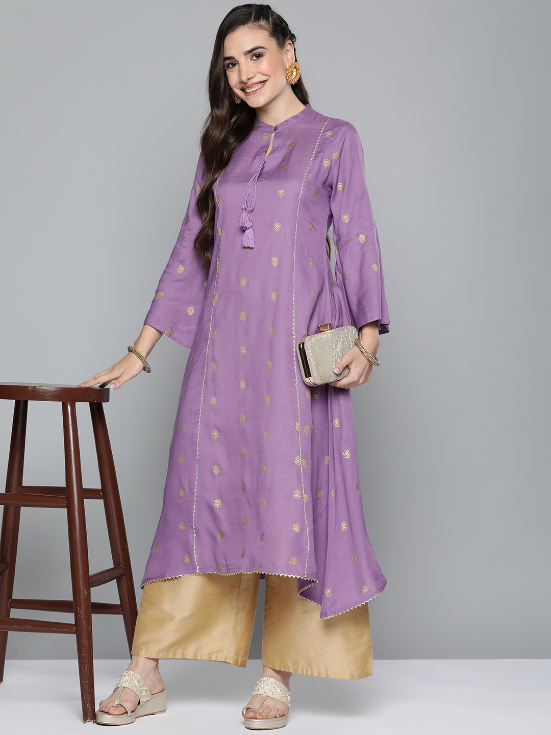 

HERE&NOW Women Purple & Golden Ethnic Motifs Printed Kurta