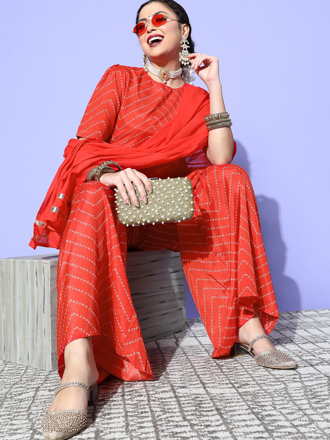 

HERE&NOW Women Bandhani Polyester Fusion Bottom Kurta Set, Red