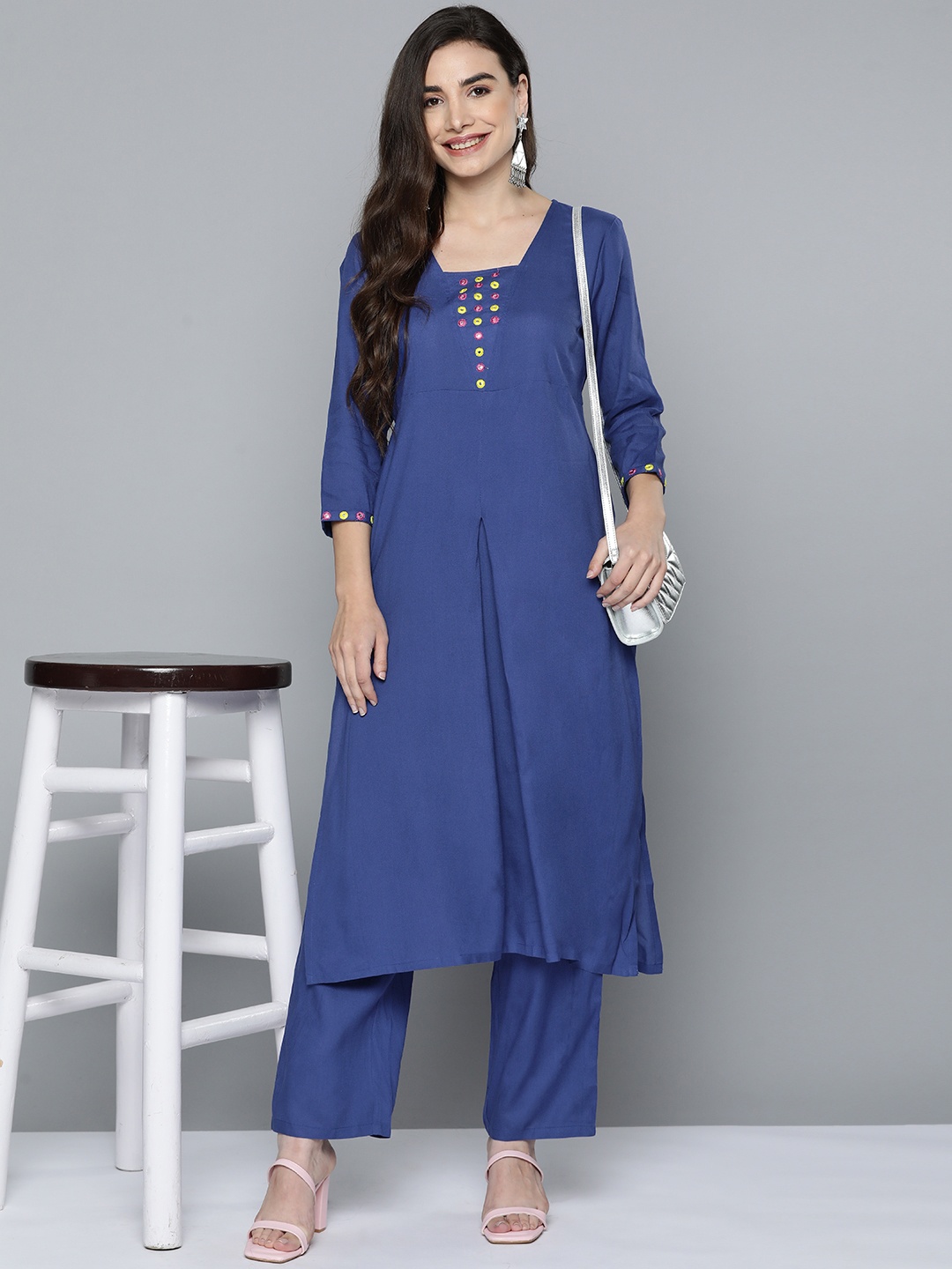 

HERE&NOW Women Blue Mirror Work Kurta with Trousers