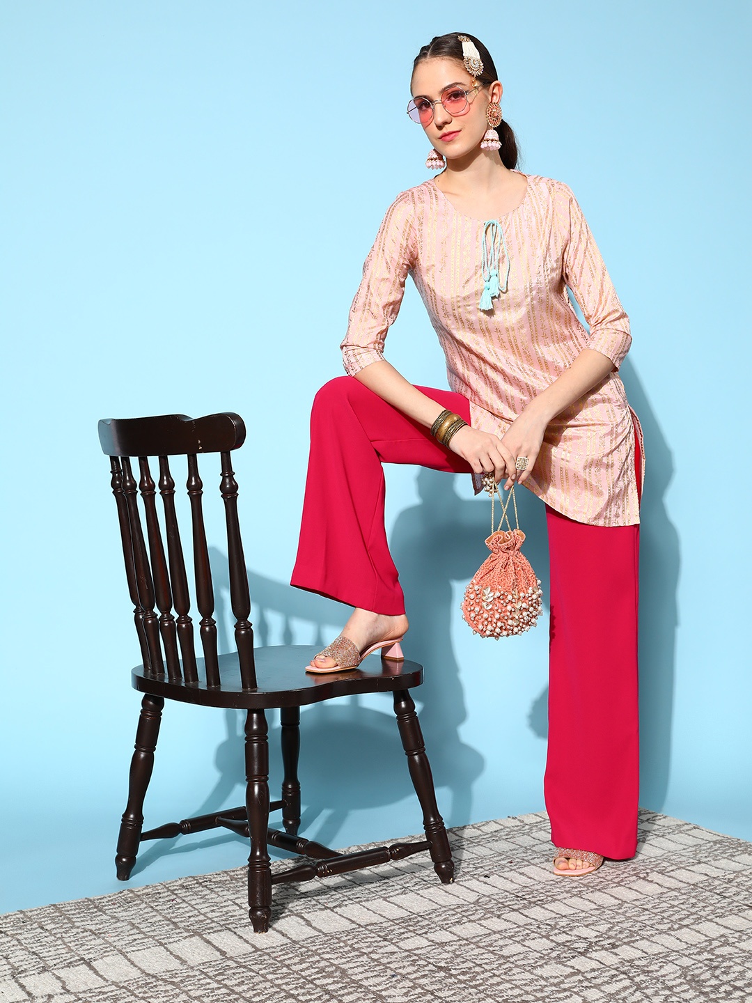 HERE&NOW Women Pink Polyester Fluid Tie-Up Kurti
