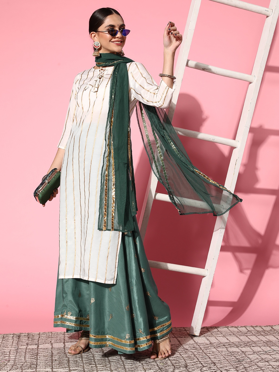 

Moda Rapido Women Striped Polyester Fluid Tie-Up Kurta Set, White