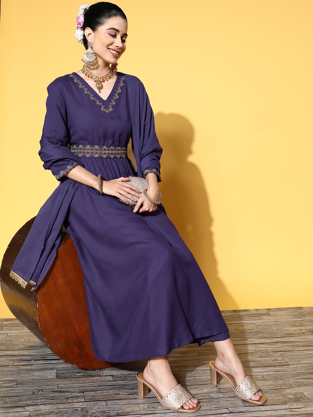 

Moda Rapido Women Navy Blue Ethnic Motifs Viscose Rayon Belted Detail Kurta Set, Purple