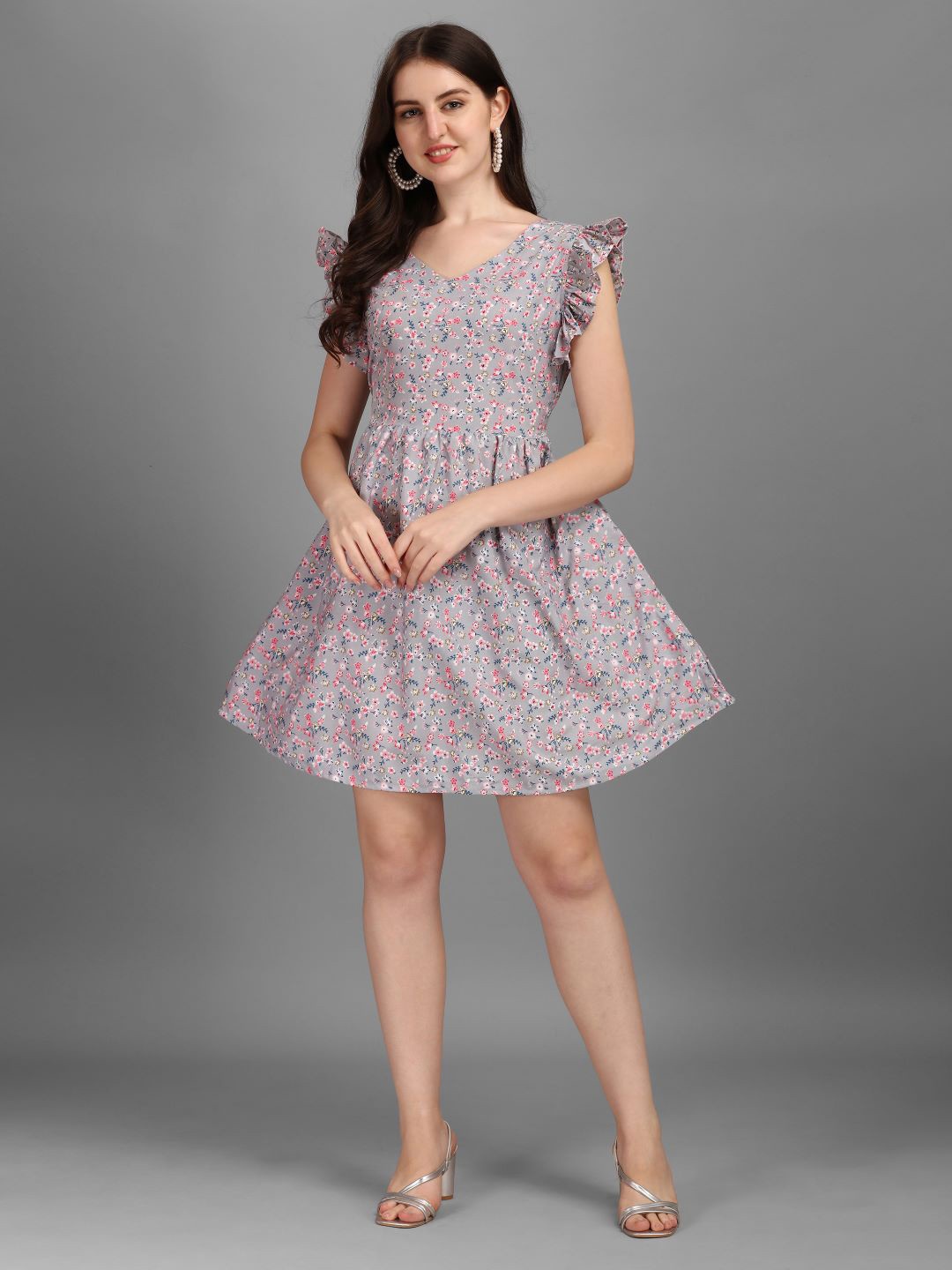 

GUFRINA Women Grey Floral Printed Crepe Dress
