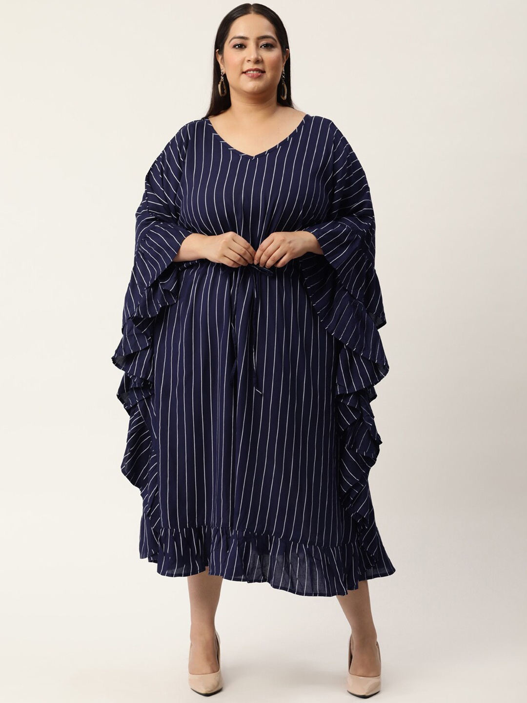 

theRebelinme Navy Blue & White Striped Kaftan Midi Dress