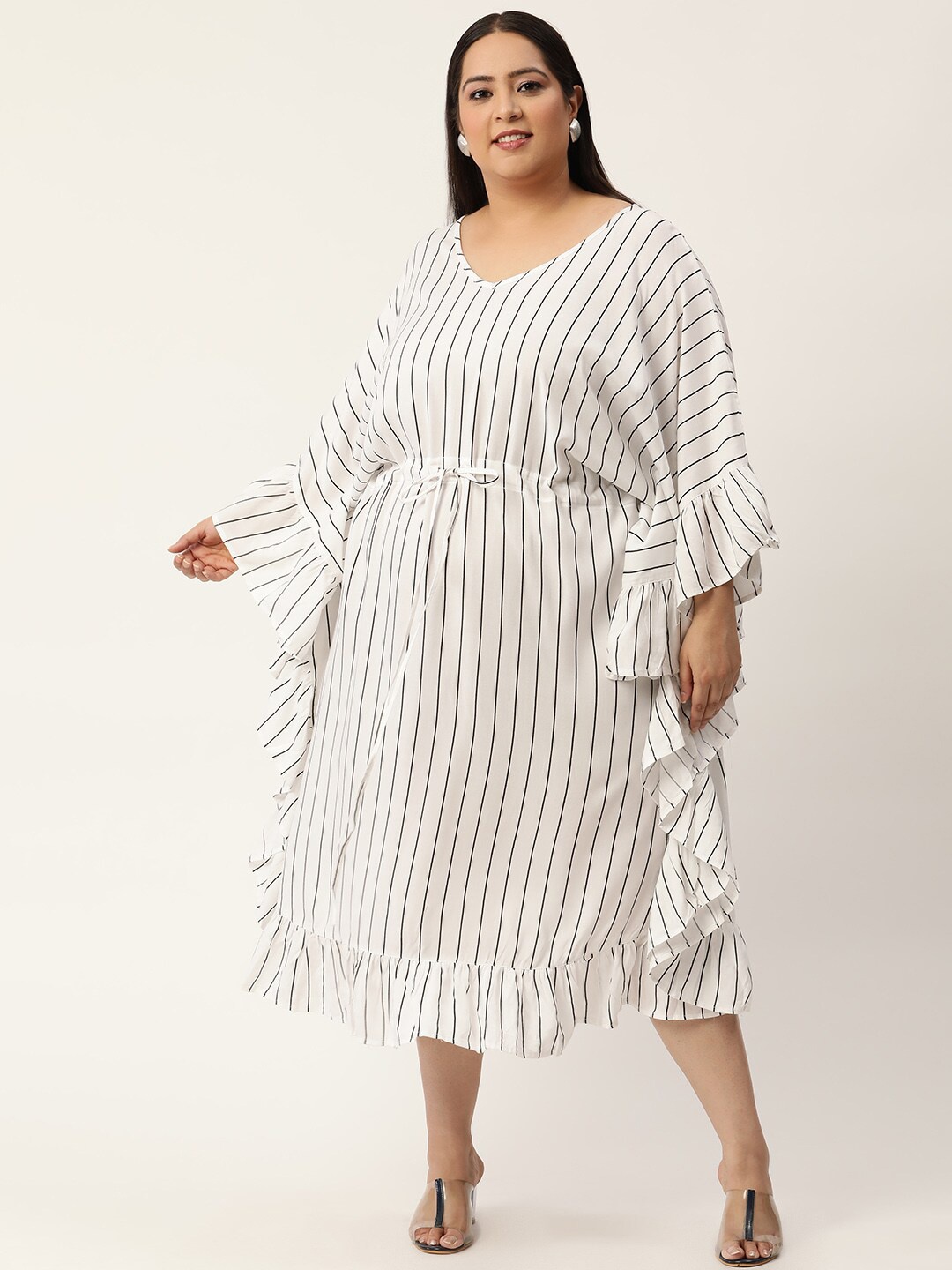 

theRebelinme Plus Size Women White Striped A-Line Midi Dress
