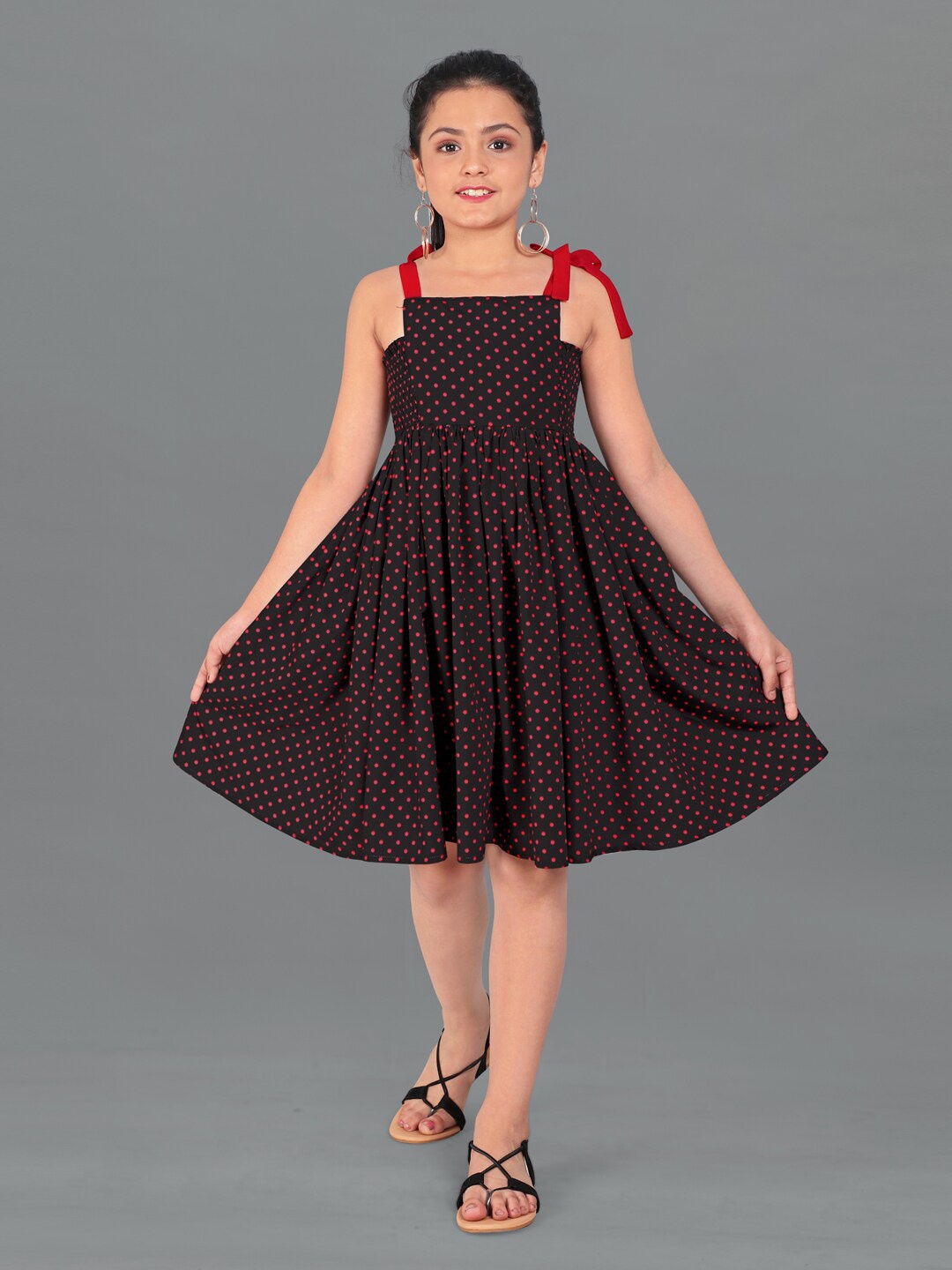 

FASHION DREAM Girls Black Polka Dots Tie-Up Dress