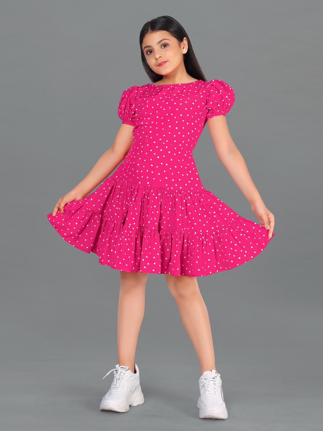 

FASHION DREAM Pink & White Polka Dot Printed Fit & Flare Dress