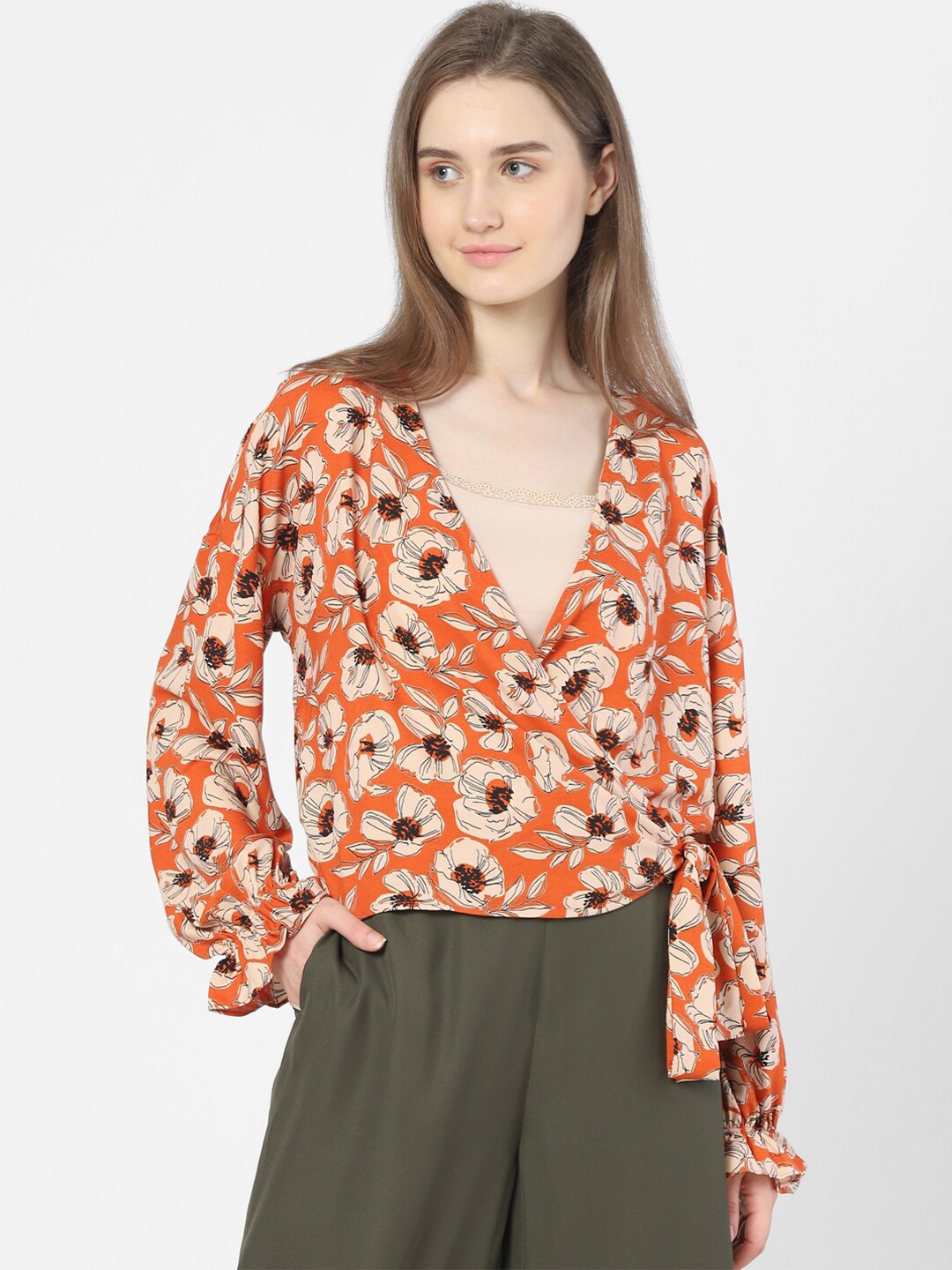 

Vero Moda Orange Floral Print Wrap Top