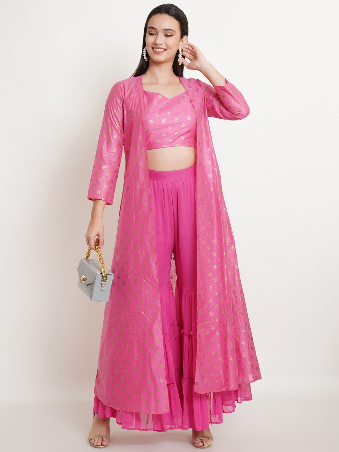 

Purple State Women Pink Self Desgin Crop Top & Sharara With Shrug