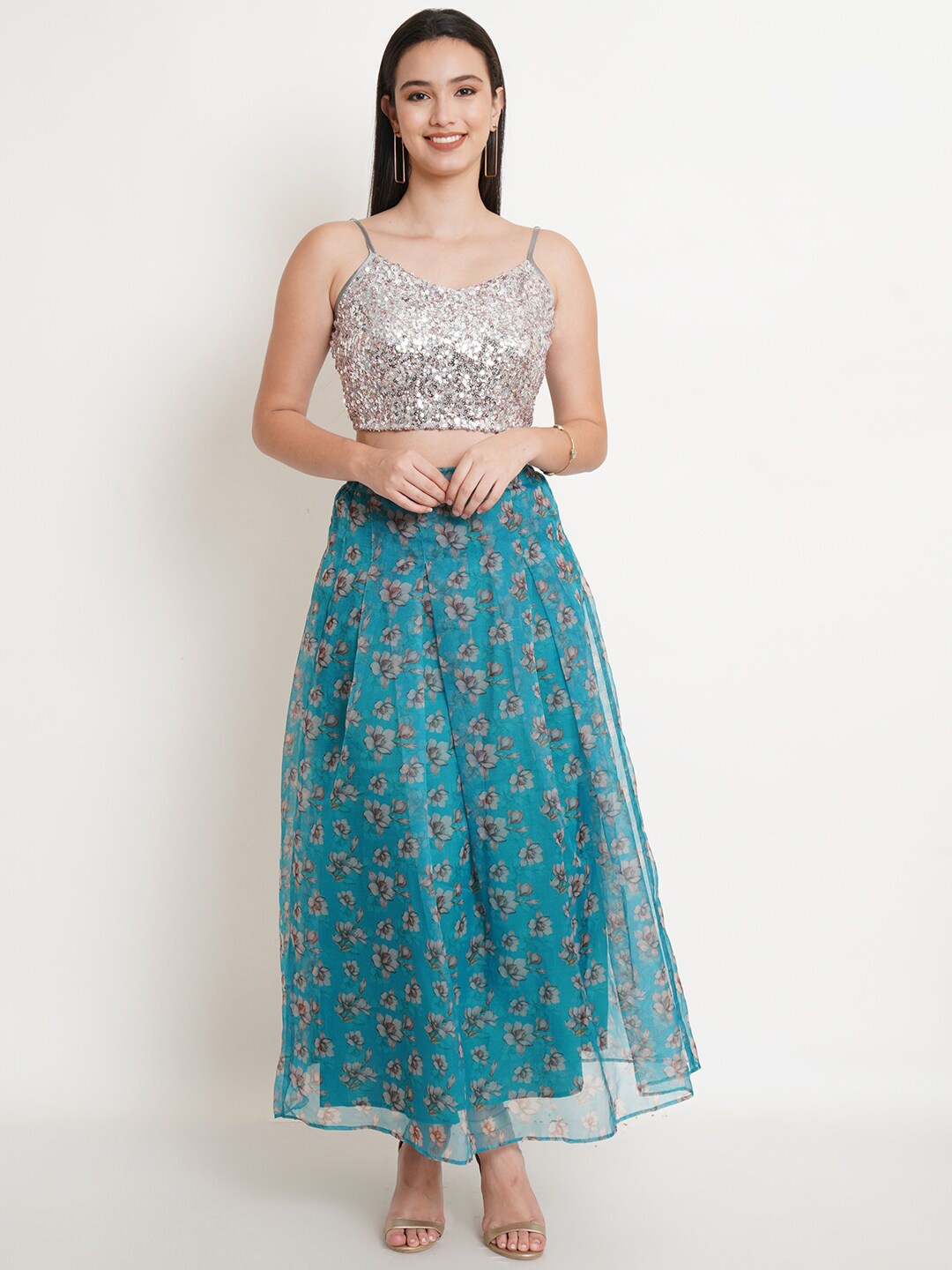 

Purple State Embellished Top with Skirt, Silver