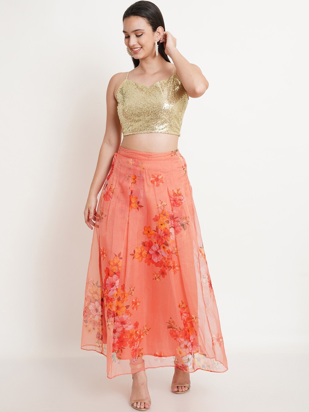 

Purple State Women Gold-Toned Sequinned Top with Floral Printed Skirt