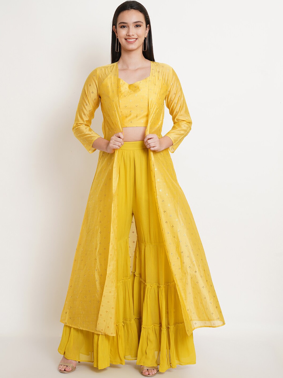 

Purple StateWomen Yellow Self Desgin Crop Top & Sharara With Shrug