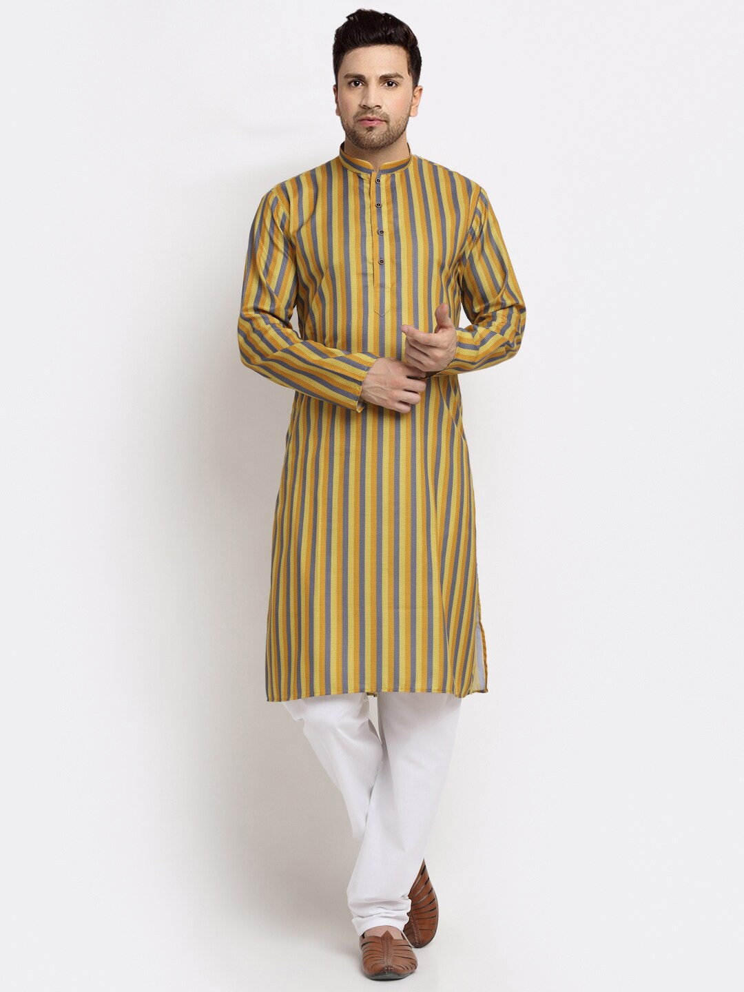 

KRAFT INDIA Men Mustard Yellow & White Striped Pure Cotton Kurta with Pyjama
