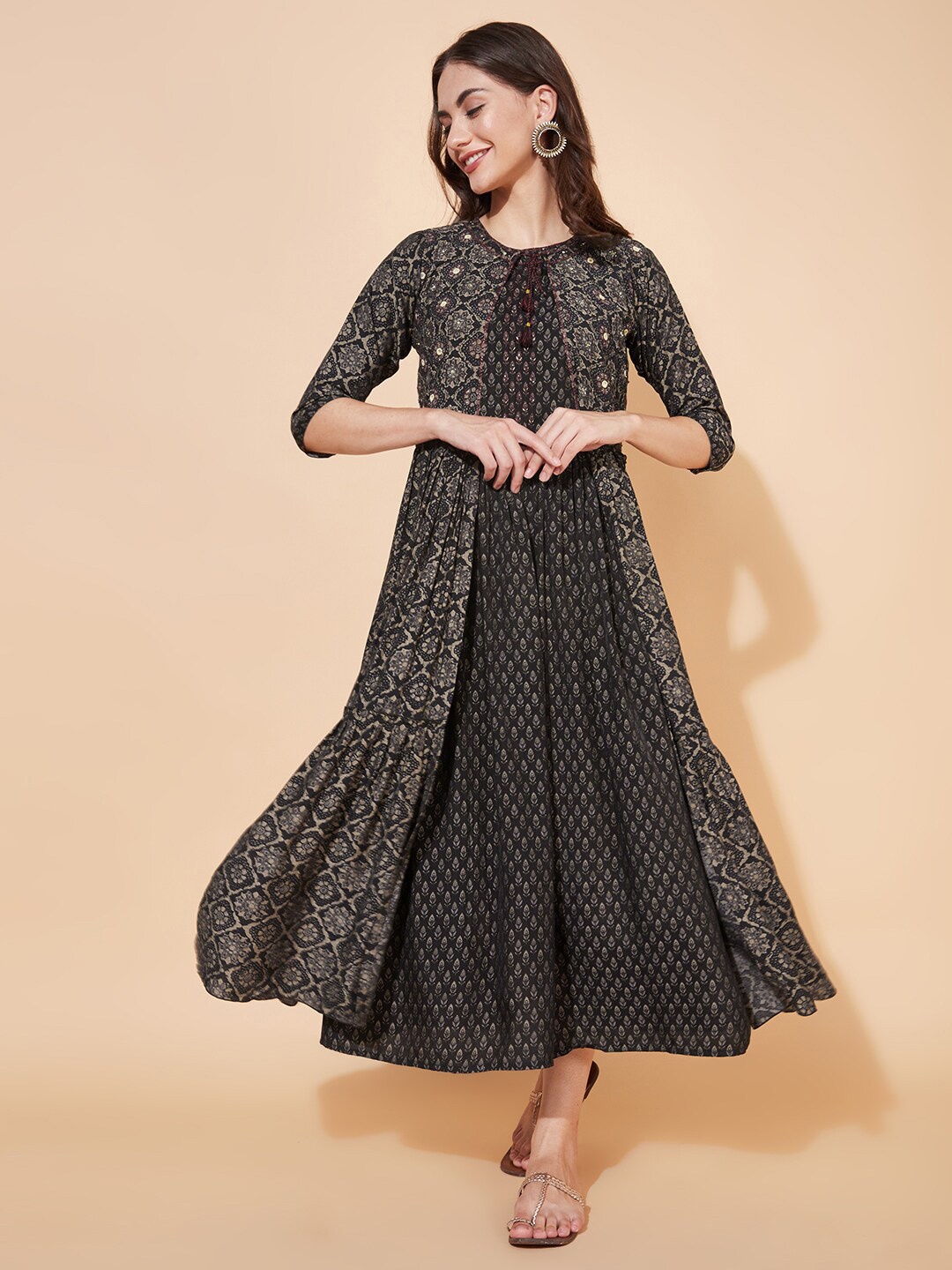 

FASHOR Women Black Ethnic Motifs Layered Ethnic Maxi Dress
