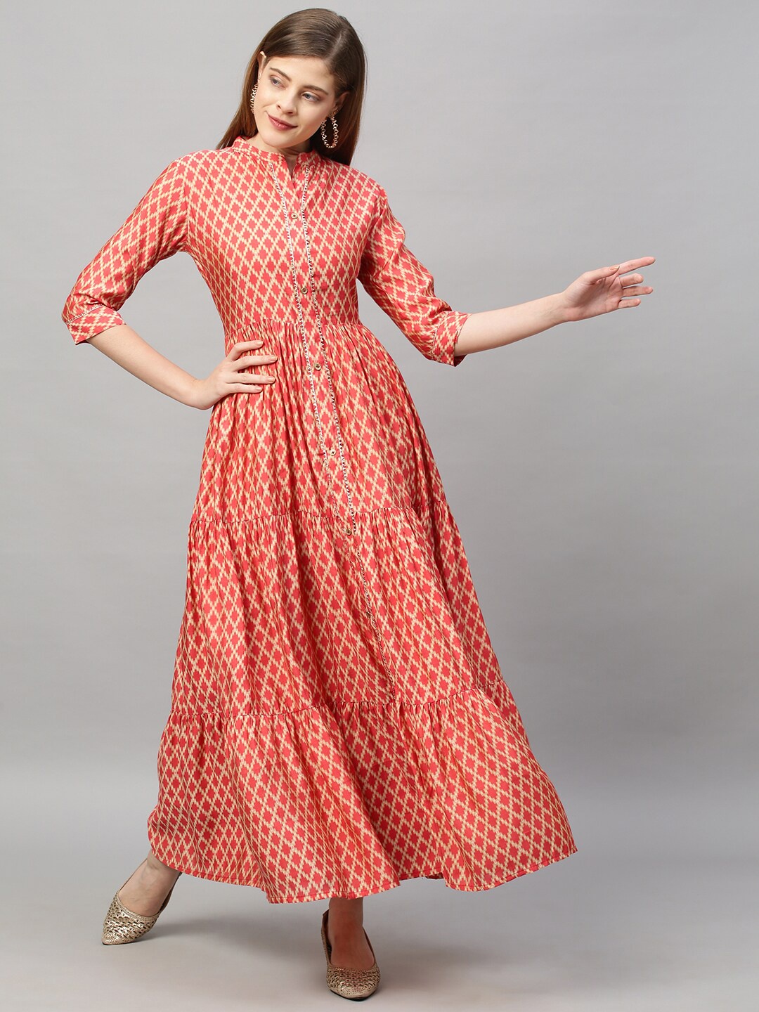

FASHOR Women Peach & Brown Ethnic Motifs Tiered Maxi Dress