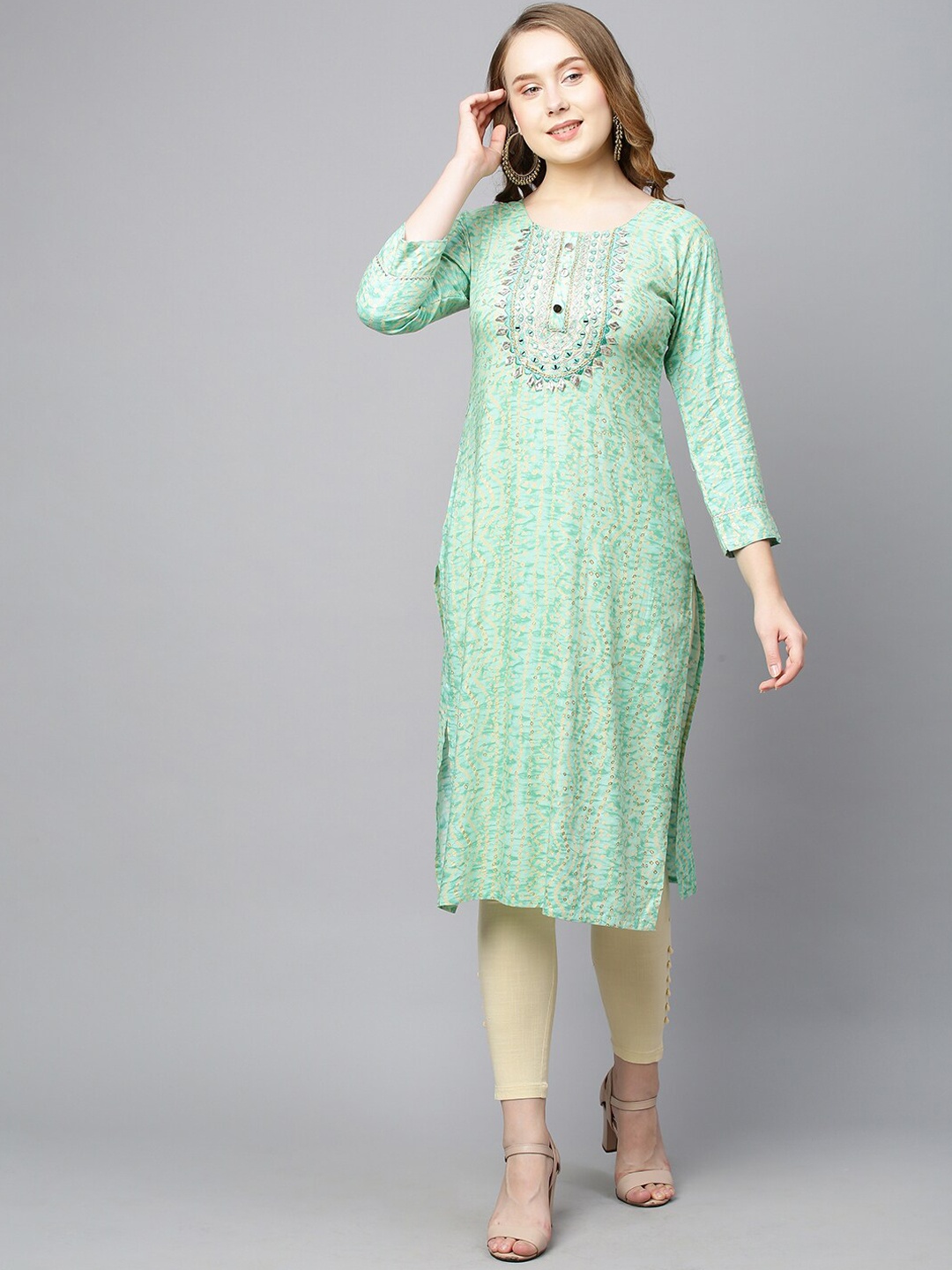 

FASHOR Women Green Printed Thread Work Kurta