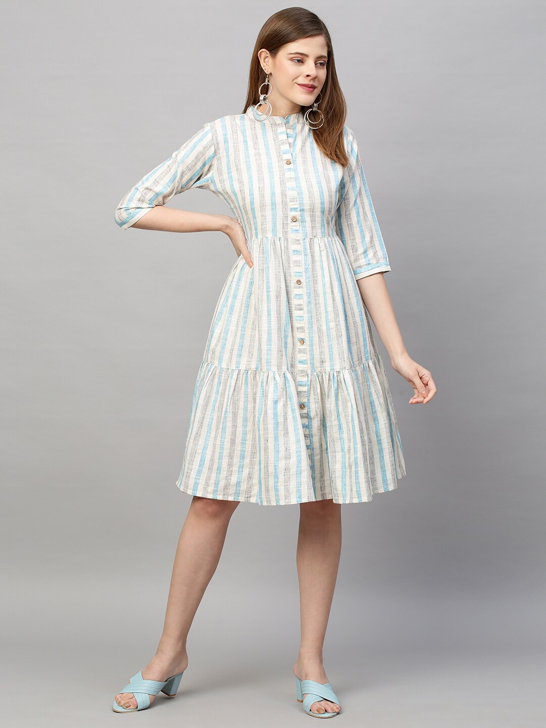 

FASHOR Women Off White & Blue Striped Tiered Midi Dress