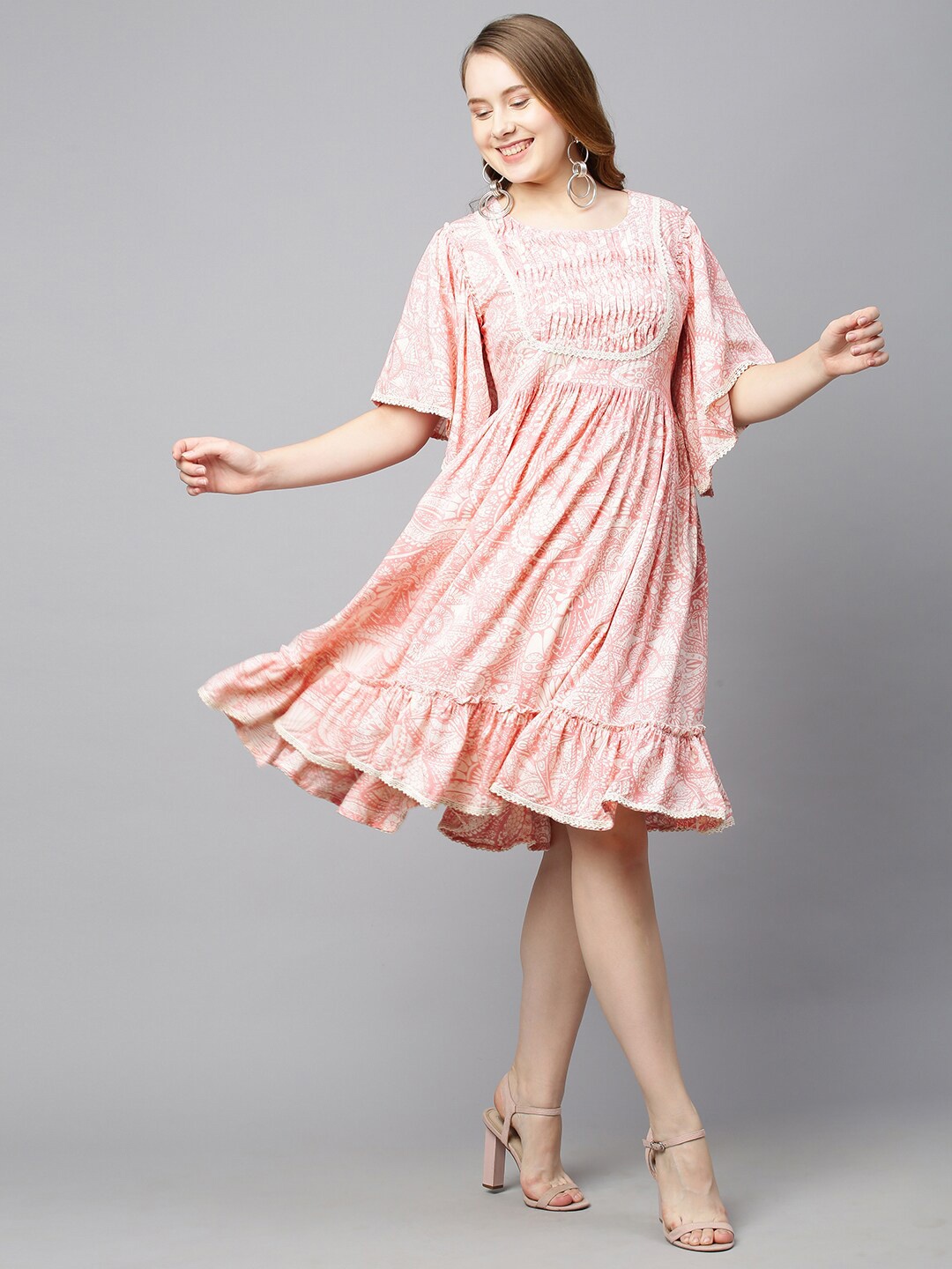 

FASHOR Pink Printed Fit & Flare Dress