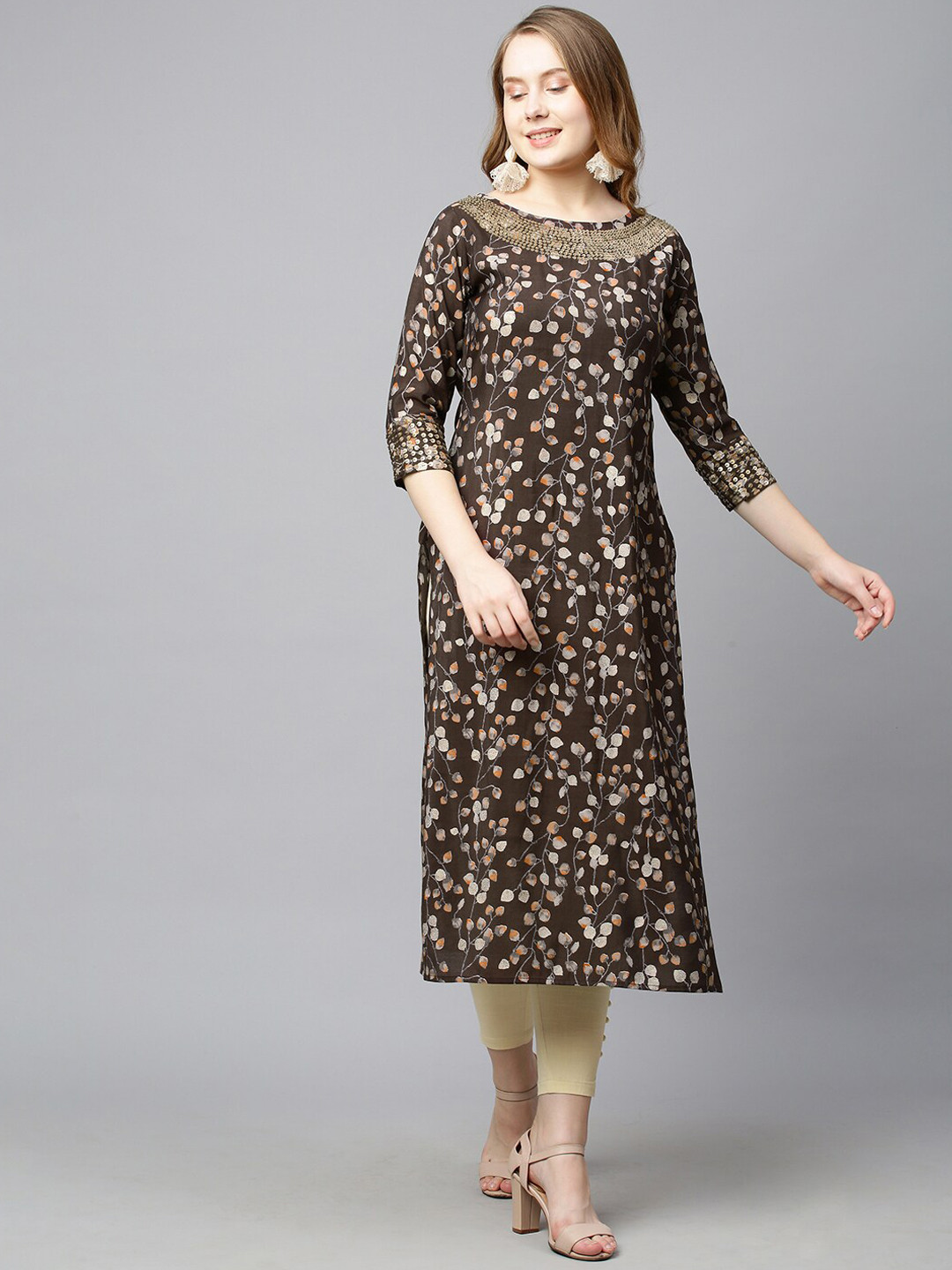 

FASHOR Women Brown & Beige Floral Embroidered Straight Fit Kurta