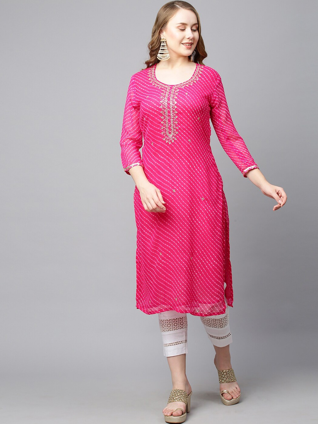 

FASHOR Women Pink Printed Gotta Patti Georgette Kurta