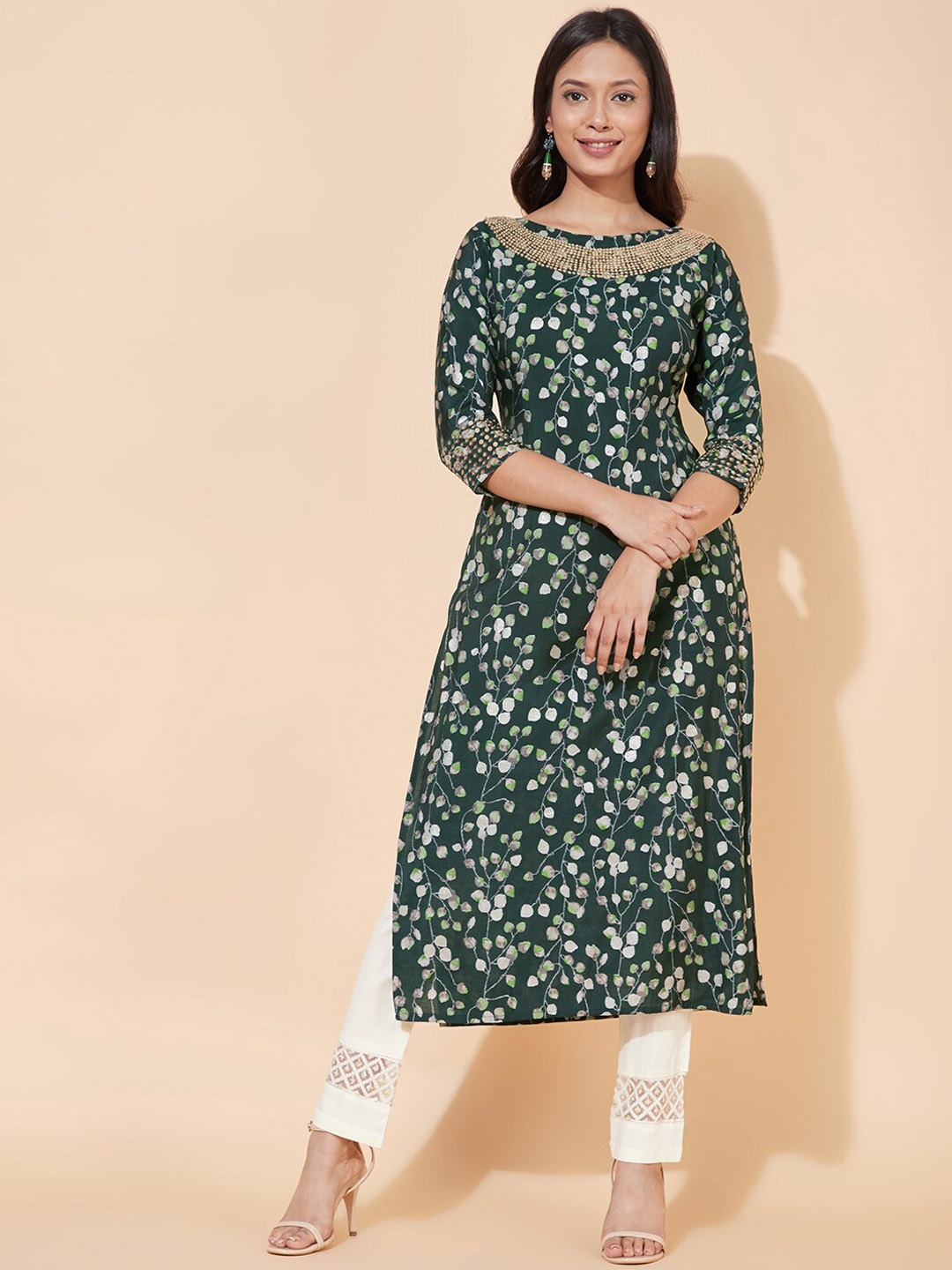 

FASHOR Women Green Ethnic Motifs Embroidered Kurta