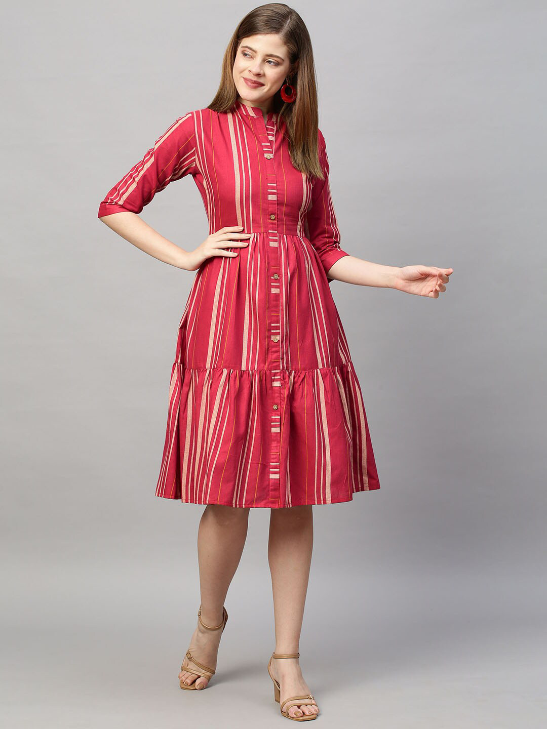 

FASHOR Red Striped A-Line Tiered Midi Dress