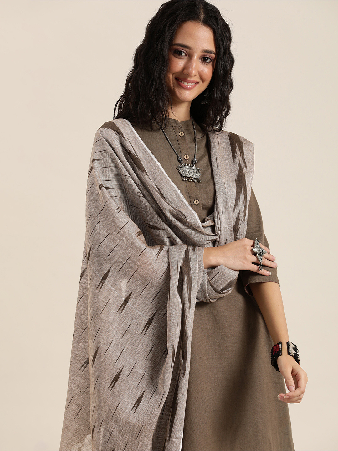 

Taavi Brown & Grey Woven Design Pure Cotton Ikat Dupatta