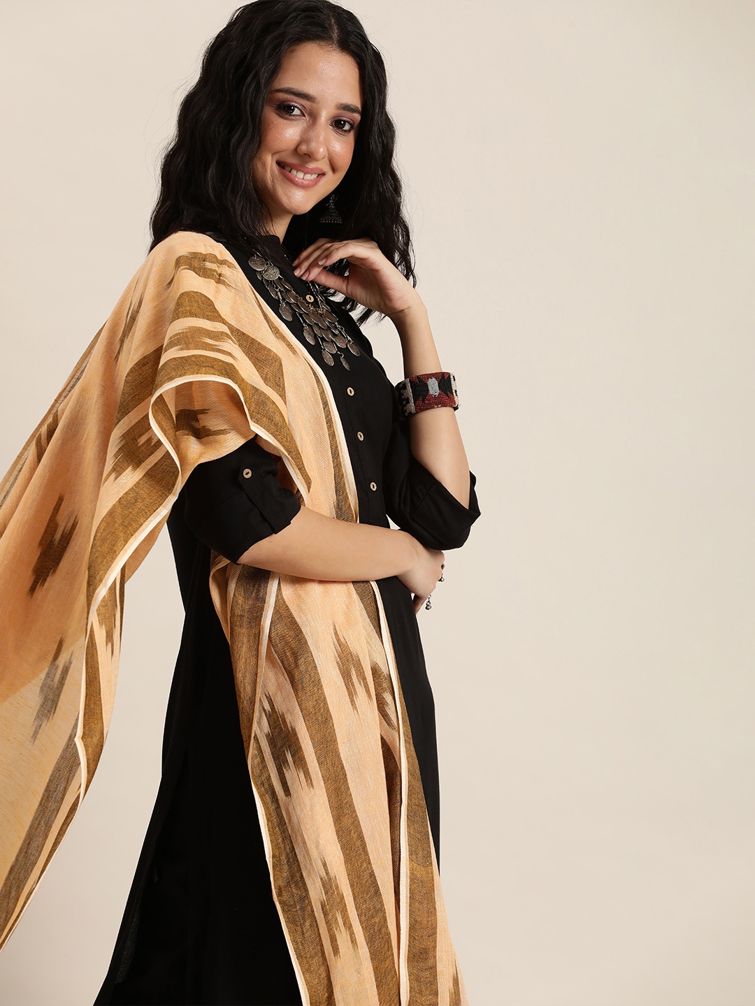 

Taavi Peach-Coloured & Coffee Brown Ikat Woven Design Cotton Bhagalpuri Dupatta